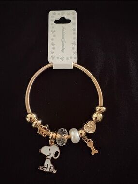 Gold-Tone Snoopy Bracelet with White Enamel Dog Charm and Pearl Accent